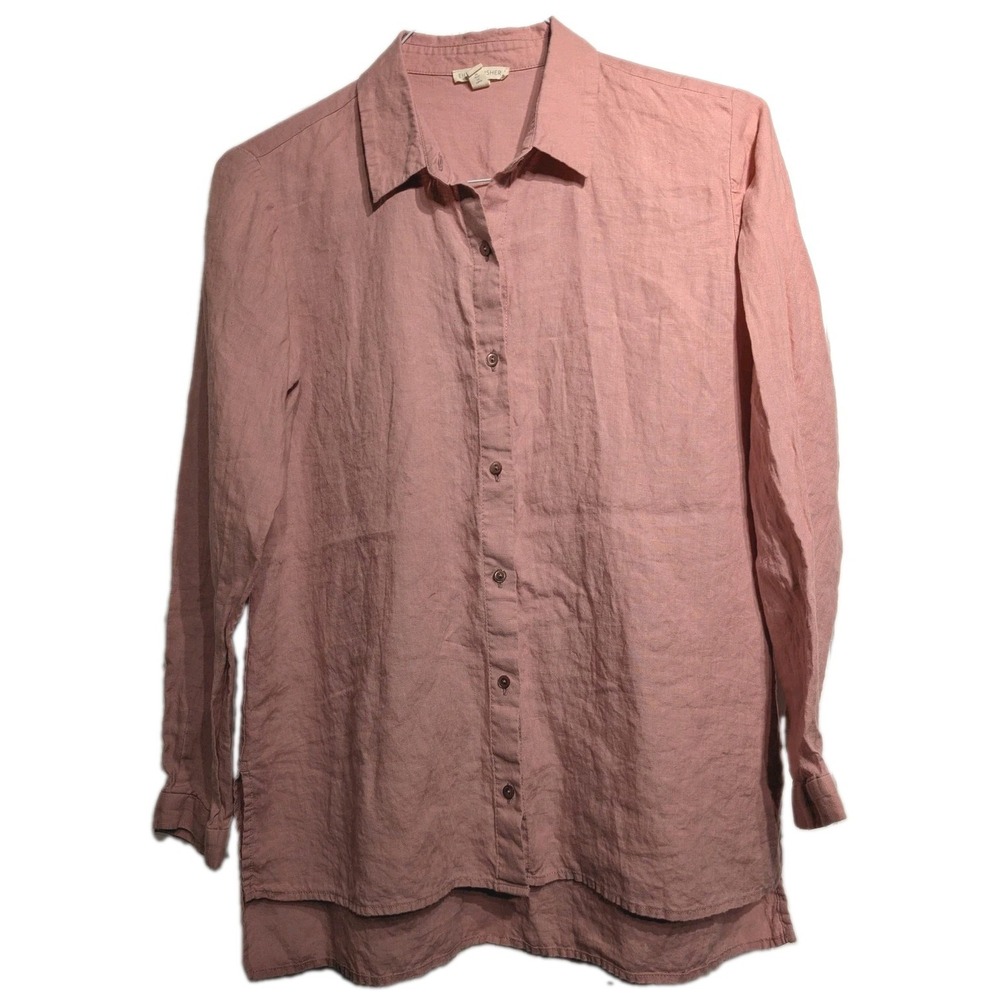 Eileen Fisher Shirt Women PS Petite Pink Linen Button Up Collared Tunic EUC